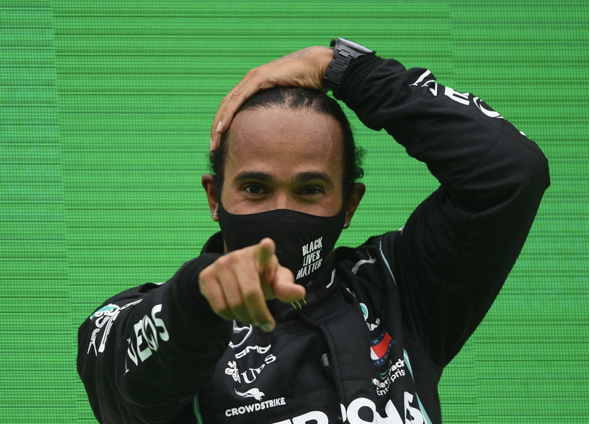 Lewis Hamilton on the podium of the Portuguese GP