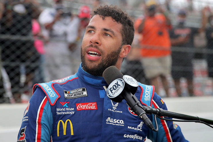Bubba Wallace looks on ahead of the race in Talladega