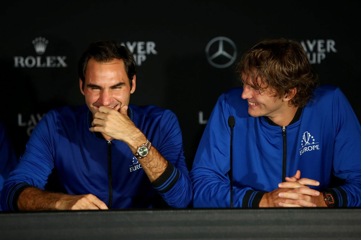 Roger Federer and Alexander Zverev speeaking to the media post the men's singles match on Day 3 of the 2018 Laver Cup