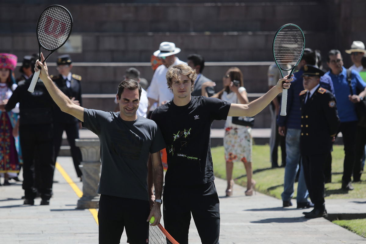 Roger Federer and Alexander Zverev posing ahead of their Exhibition Game.