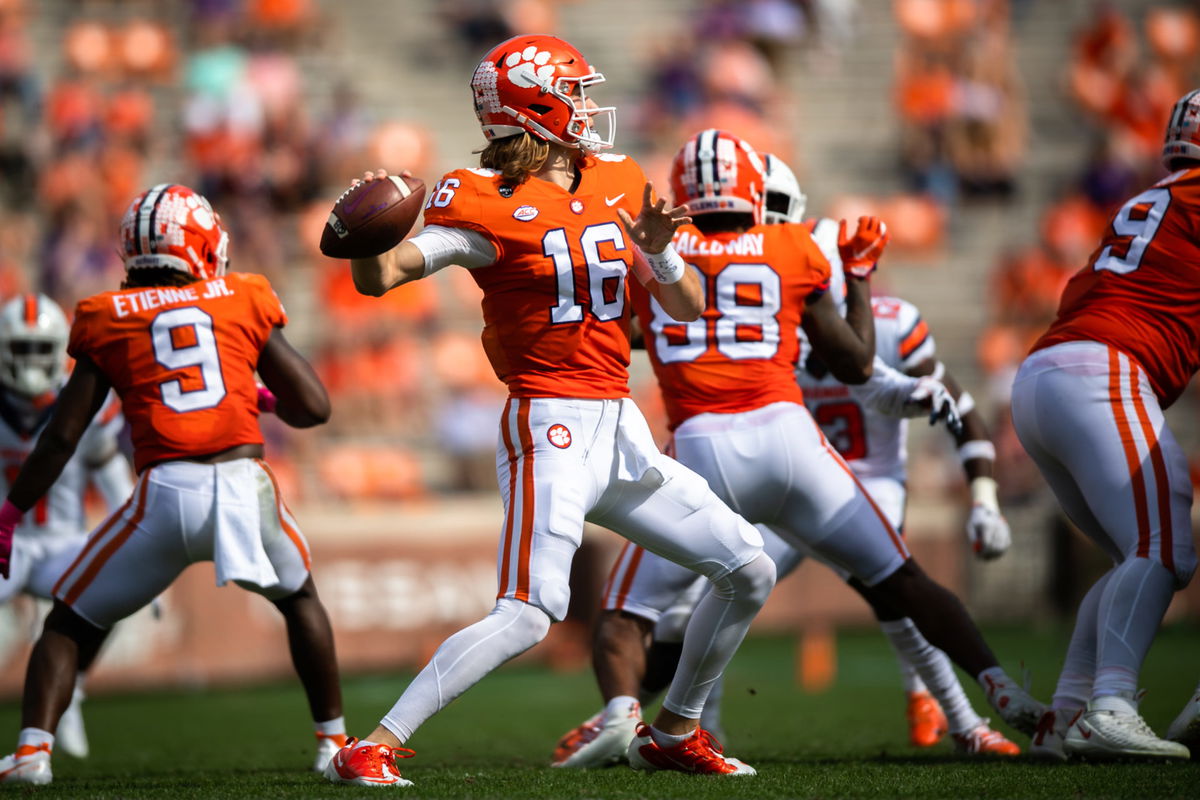 Clemson Tigers quarterback Trevor Lawrence attempts to make a play.