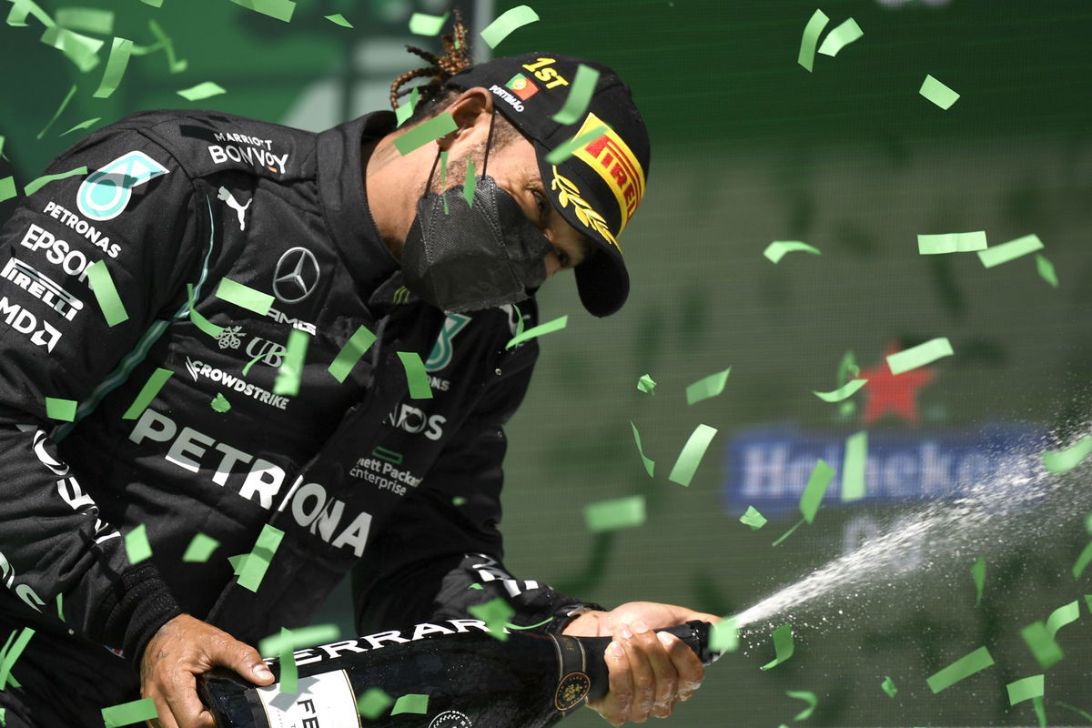 Lewis Hamilton celebrating the win in Portimao