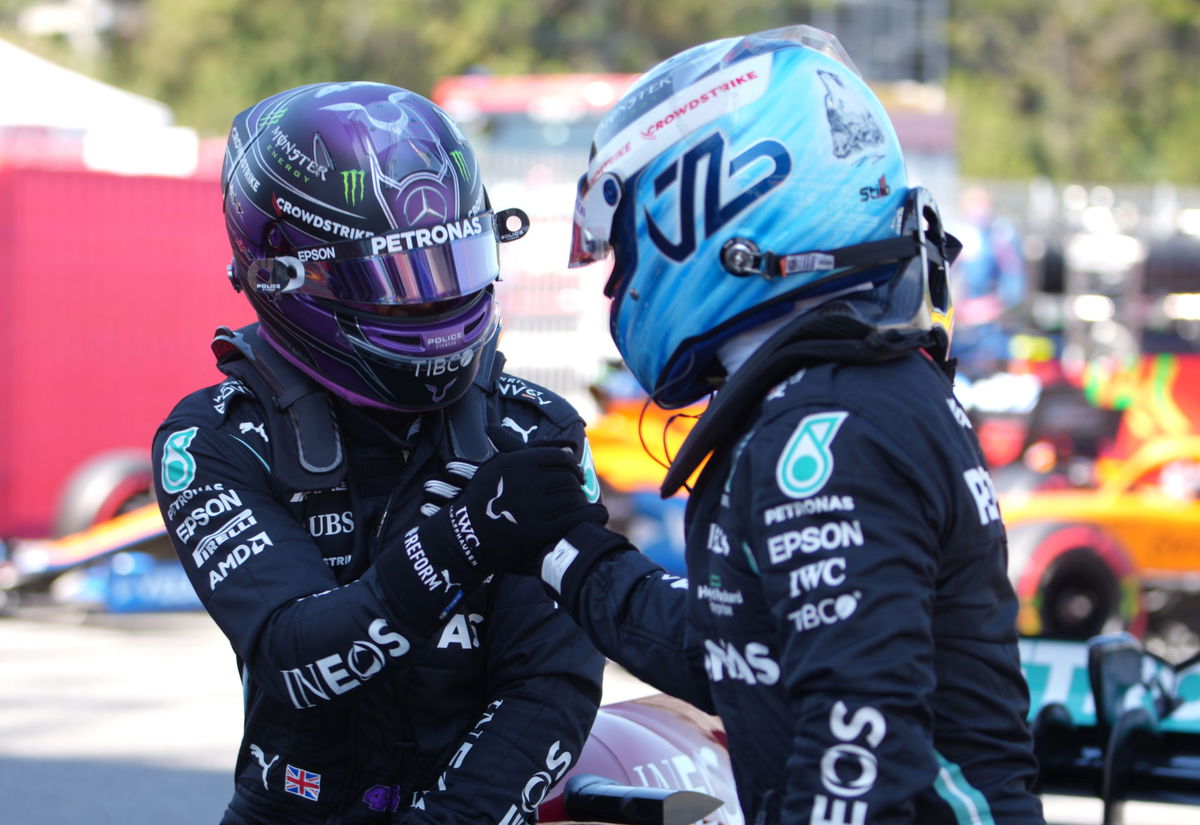 Lewis Hamilton and Valtteri Bottas after qualifying for the Spanish Grand Prix