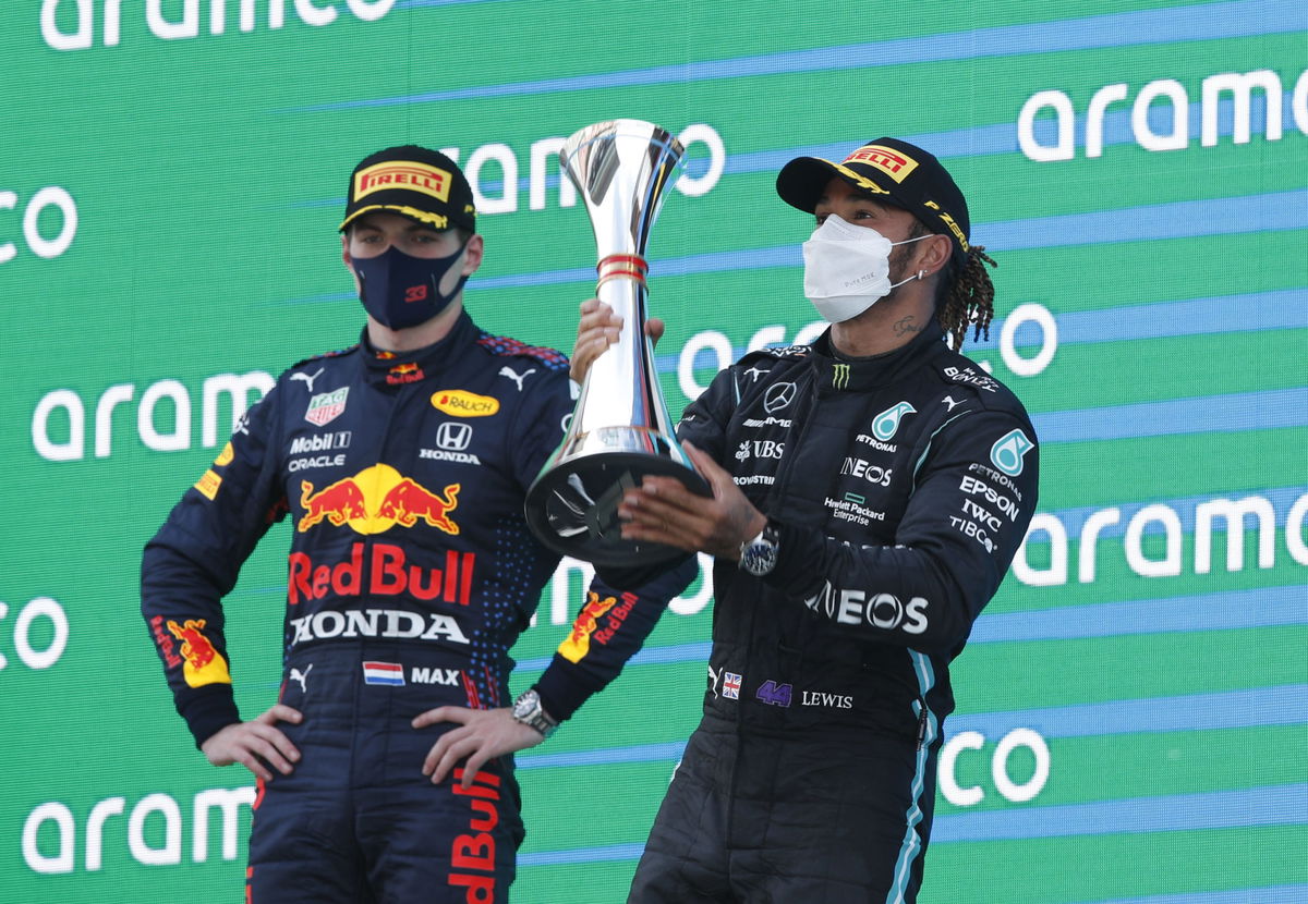 Lewis Hamilton and Max Verstappen on the Spanish GP podium