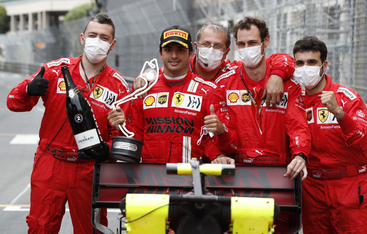 Carlos Sainz with Ferrari crew after Monaco GP race