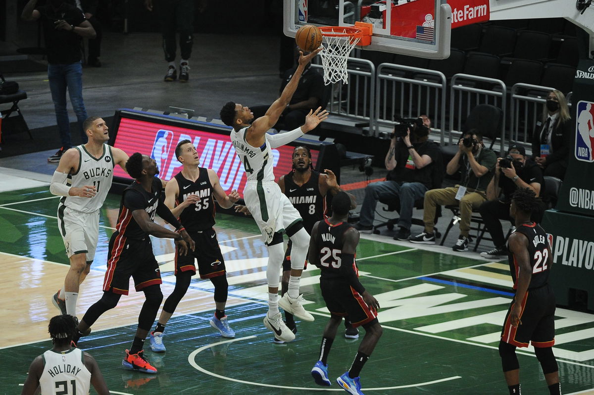 Milwaukee Bucks forward Giannis Antetokounmpo against the Miami Heat