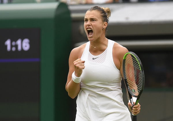 Aryna Sabalenka celebrates a point during her match at the Wimbledon Chmpionship 2021