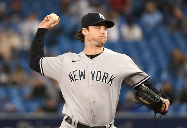 BRONX, NY - SEPTEMBER 21: Gerrit Cole #45 of the New York Yankees pitches  during the first inning of the Major League Baseball game against the  Toronto Blue Jays on September 21