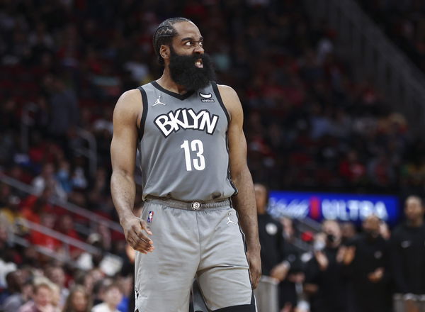 James Harden celebrating after scoring a basket