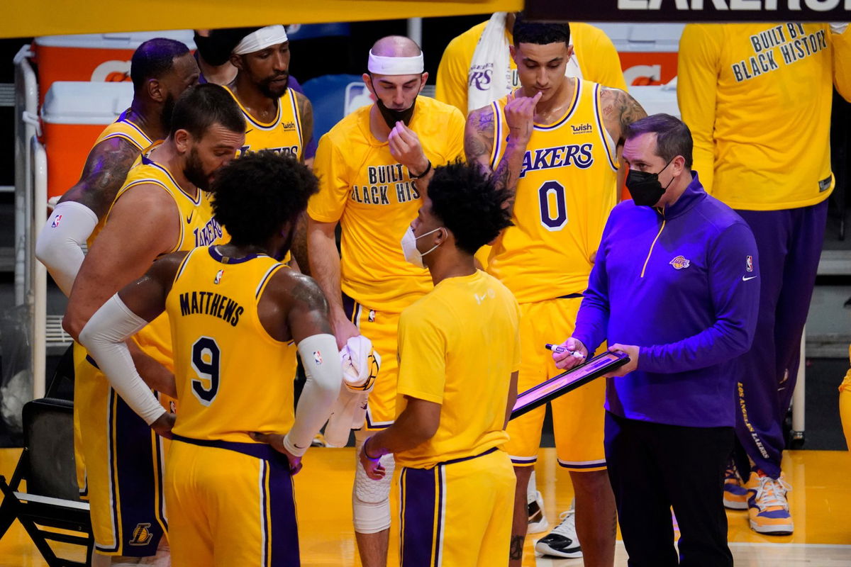 Los Angeles Lakers during a timeout