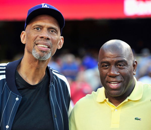 Magic Johnson And Kareem Abdul Jabbar Attend Los Angeles Dodgers Game