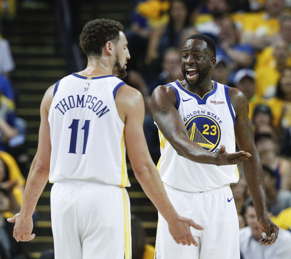 Golden State Warriors Draymond Green and Klay Thompson react to a call in the second quarter during game 1 of the Western Conference Semifinals between the Golden State Warriors and the Houston Rockets at Oracle Arena on Sunday, April 28, 2019 in Oakland,