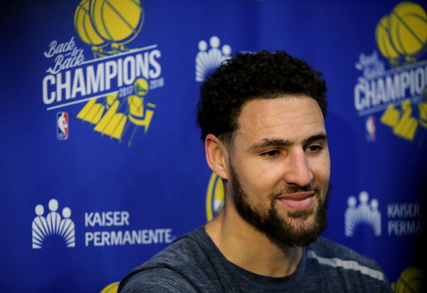 Golden State Warriors shooting guard Klay Thompson talks to the media following basketball practice at the Rakuten Performance Center in Oakland, Calif., on Thursday, May 23, 2019.