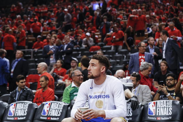 Golden State Warriors Klay Thompson is seen on the bench before the start of the second half during game 5 of the NBA Finals between the Golden State Warriors and the Toronto Raptors at Scotiabank Arena on Monday, June 10, 2019 in Toronto, Ontario, Canad