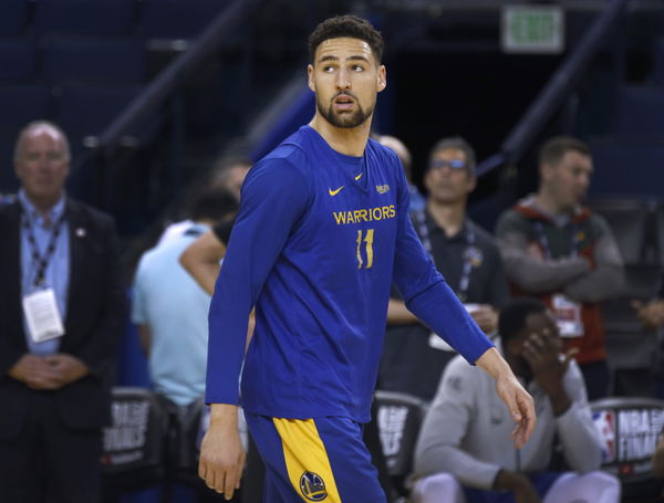 Klay Thompson participates in a Golden State Warriors practice at Oracle Arena in Oakland, Calif. on Wednesday, June 12, 2019 before Thursday&#8217;s Game 6 of the NBA Finals against the Toronto Raptors.