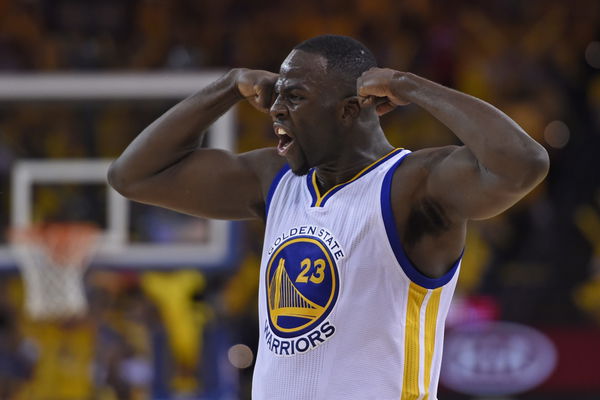 Golden State Warriors&#8217; Draymond Green (23) reacts after scoring a basket and being fouled by Portland Trail Blazers&#8217; Damian Lillard (0) in the second quarter of Game 2 during the second round of the NBA Western Conference playoffs at Oracle Arena in Oakla