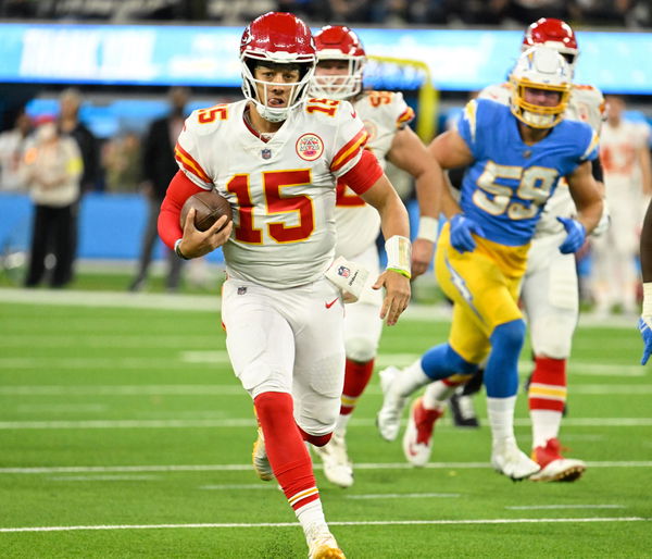 Inglewood, USA. 17th Dec, 2021. Chiefs quarterback Patrick Mahomes screams  after beating the Chargers at SoFi Stadium on Thursday, December 16, 2021  in Inglewood, California. The Chiefs defeated the Chargers in overtime