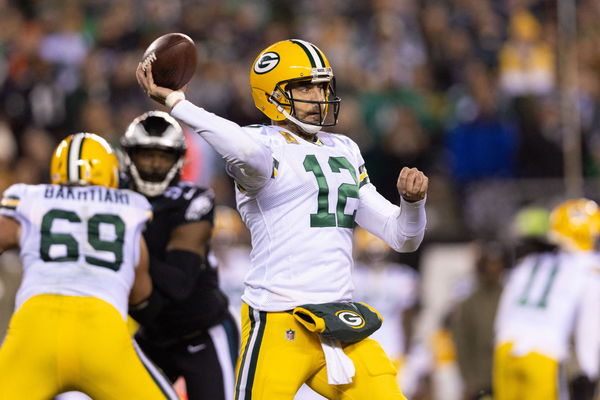 Green Bay Packers quarterback Aaron Rodgers (12) looks to throw a pass  against the Philadelphia Eagles during an NFL football game, Thursday,  Sept. 26, 2019, in Green Bay, Wis. The Eagles defeated