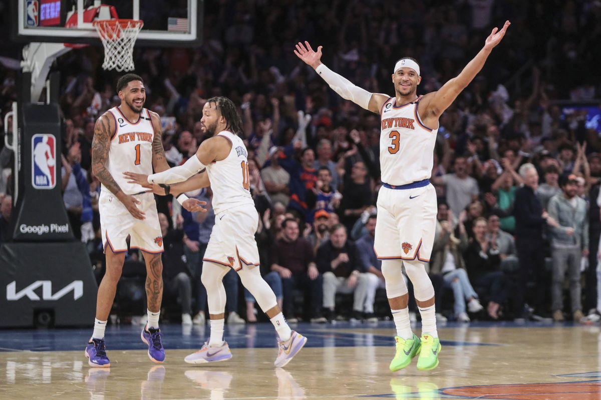 Jalen Brunson, Josh Hart and Obi Toppin of the New York Knicks