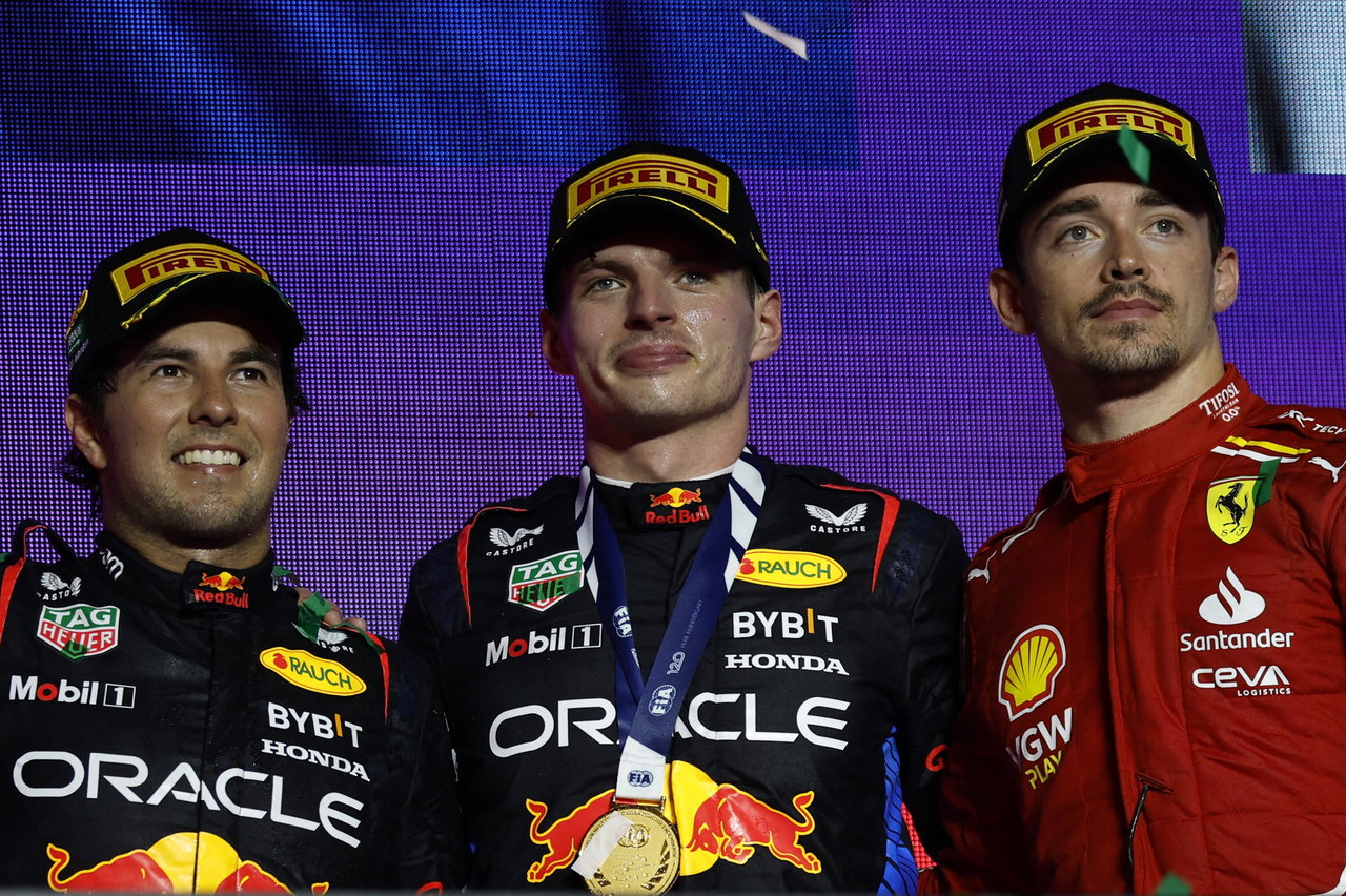 Sergio Perez, Max Verstappen, and Charles Leclerc