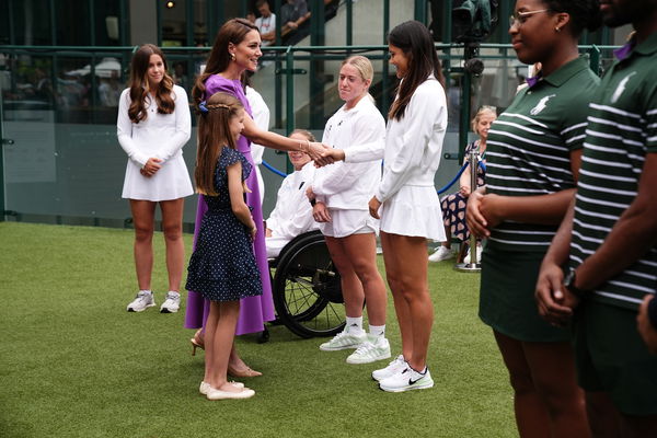 Britain&#8217;s Catherine, Princess of Wales and Princess Charlotte at the 2024 Wimbledon Championships in London