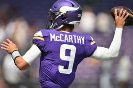Aug 10, 2024; Minneapolis, Minnesota, USA; Minnesota Vikings quarterback J.J. McCarthy (9) warms up before the game against the Las Vegas Raiders at U.S. Bank Stadium. Mandatory Credit: Jeffrey Becker-USA TODAY Sports