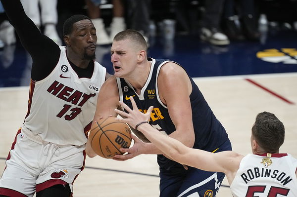 Nikola Jokic (Right) and Bam Adebayo (Left) during the second half of Game 2 of the NBA Finals.