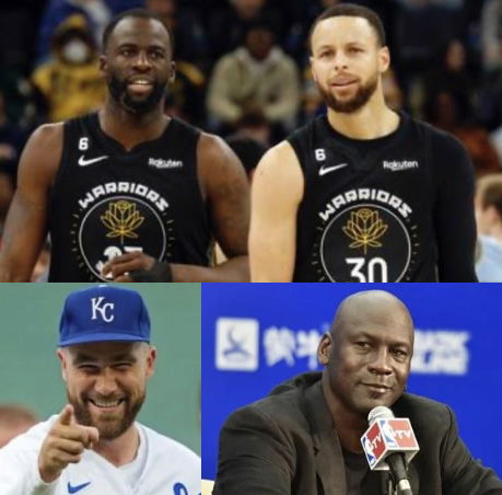 Draymond Green, Stephen Curry, Travis Kelce, and Michael Jordan Collage