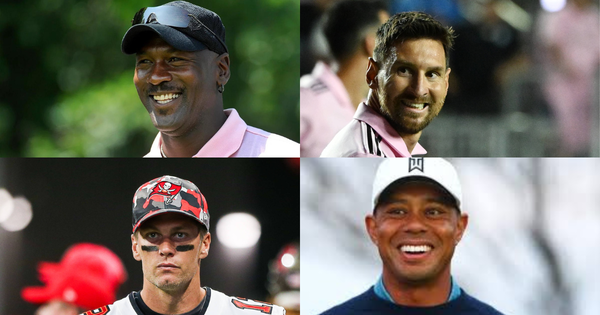 Michael Jordan, Lionel Messi, Tom Brady, and Tiger Woods Collage