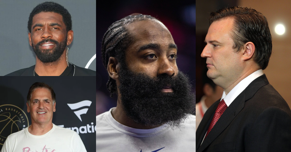 Kyrie Irving, Mark Cuban, James Harden, and Daryl Morey Collage