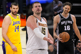 A collage featuring Marc Gasol, Pau Gasol and Nikola Jokic