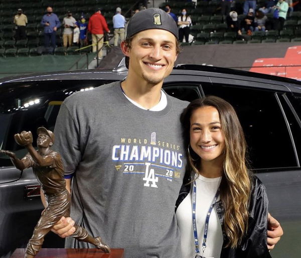 Corey Seager and Wife Madisyn Seager with World Series MVP Trophy