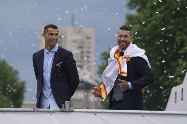 May 27 2018 Madrid Spain Cristiano Ronaldo and Sergio Ramos of Real Madrid CF celebrates their