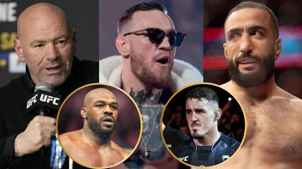 Dana White, Conor McGregor, Belal Muhammad, Jon Jones and Tom Aspinall