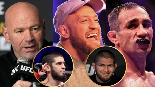 Dana White, Conor McGregor, Tony Ferguson, Islam Makhachev and Khabib Nurmagomedov