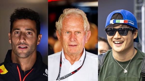 Daniel Ricciardo (L), Helmut Marko (Center), and Yuki Tsunoda (R)