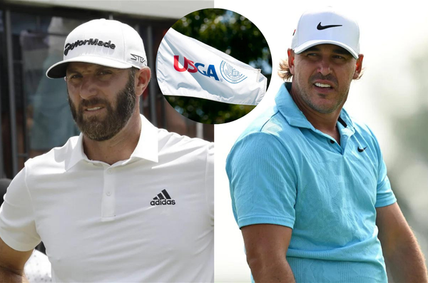 Dustin Johnson, USGA Flag, and Brooks Koepka