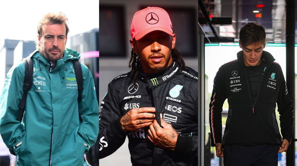 Fernando Alonso (L), Lewis Hamilton (Center), and George Russell (R)