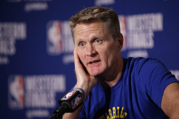 Warriors head coach Steve Kerr talks to the media as the Golden State Warriors prepare to take on the Houston Rockets in game 6 of the NBA Western Conference finals  at Oracle Arena in Oakland, Ca., on Sat. May 26, 2018.