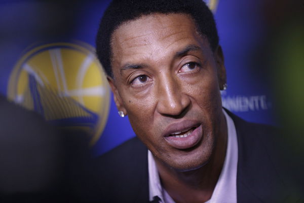 Former NBA star Scottie Pippen talks with the media as NBA Golden State Warriors hold practice in downtown  Oakland, Ca.on Fri. May 18, 2018.