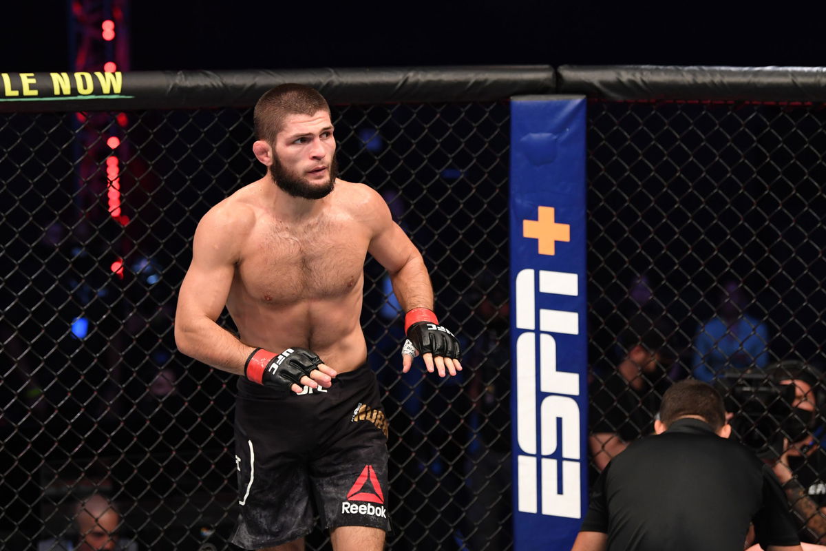 Khabib Nurmagomedov of Russia reacts after his submission victory over Justin Gaethje