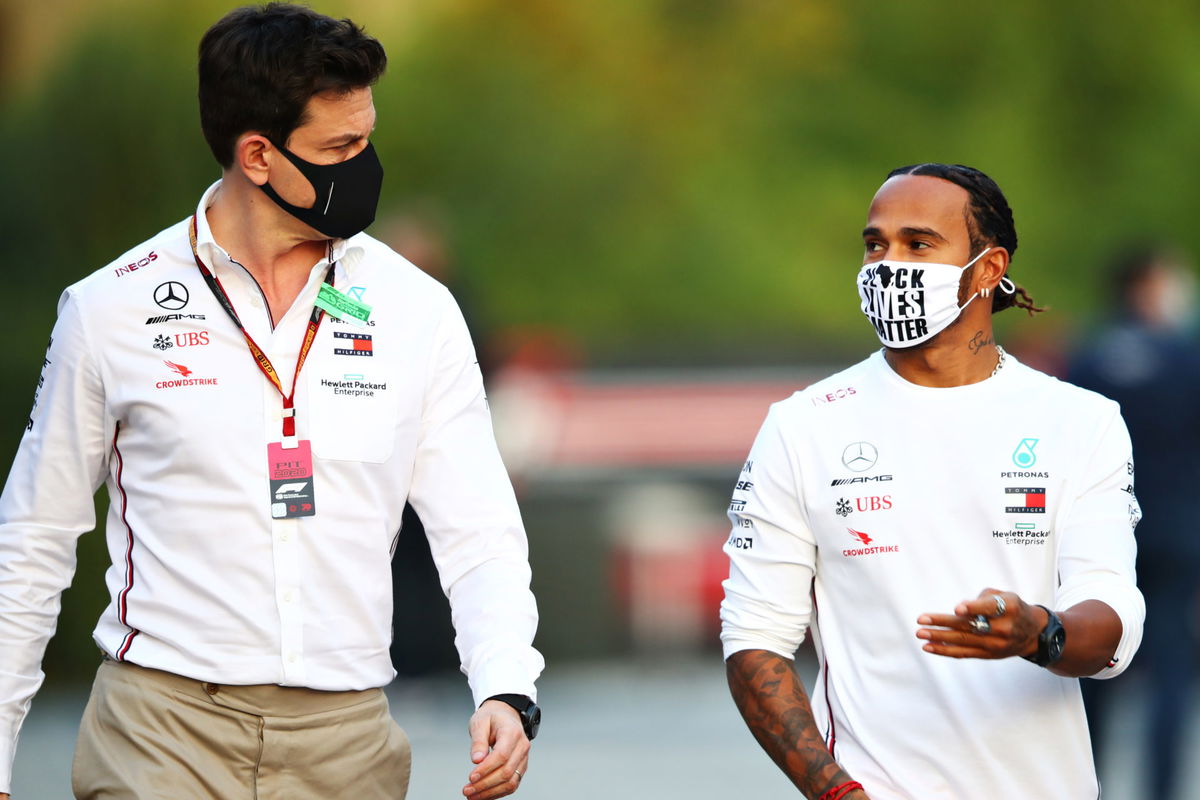 Mercedes F1 drivers Lewis Hamilton and team principal Toto Wolff