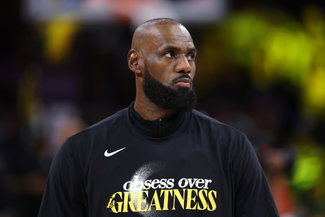 LOS ANGELES, CALIFORNIA - APRIL 18: LeBron James #23 of the Los Angeles Lakers Los Angeles Lakers prior to a Game One of the First Round of the NBA Western Conference Playoffs against the Houston Rockets at Crypto.com Arena on April 18, 2026 in Los Angeles, California. (Photo by Sean M. Haffey/Getty Images)