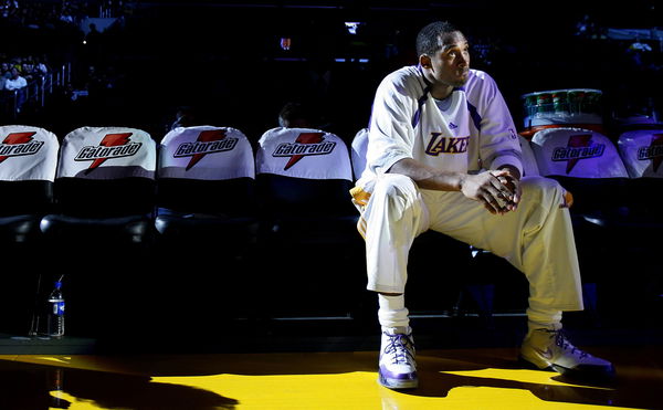 Lakers Kobe Bryant waits for his introduction before a game against the Nets at the Staples Center