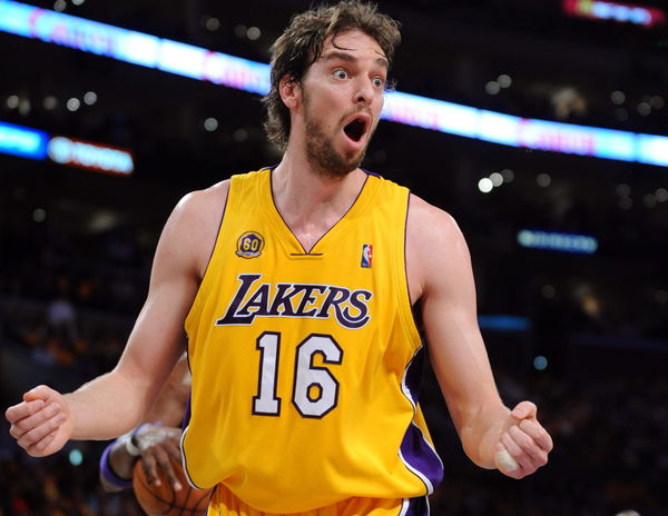 Laker Pau Gasol reacts to a foul call against the San Antonio Spurs first quarter action in game 5