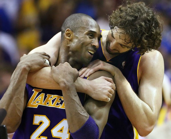 (Orlando, Florida ? Sunday, June 14, 2009) Pau Gasol and Kobe Bryant share a warm embrace at center