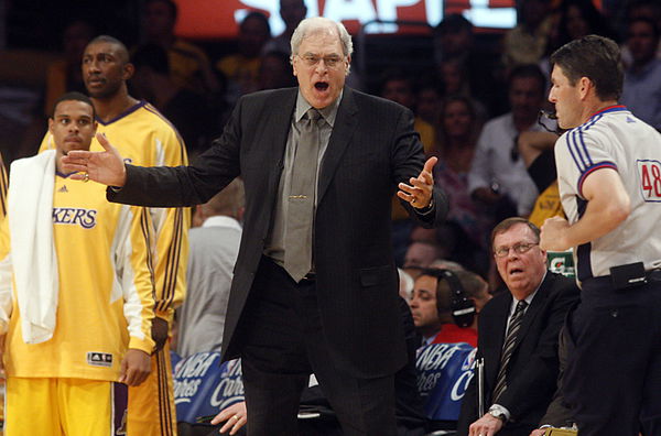 Lakers coach Phil Jackson disputes an official&#8217;s call in the fourth quarter Tuesday night, May 19,