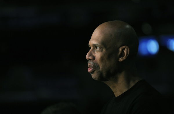 Laker assistant coach and Hall of Famer Kareem Abdul?Jabbar talks to reporters at the Staples Cente