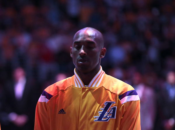 LOS ANGELES, CA, TUESDAY, OCTOBER 28, 2014 &#8211; Lakers guard Kobe Bryant listens as the National Anthem