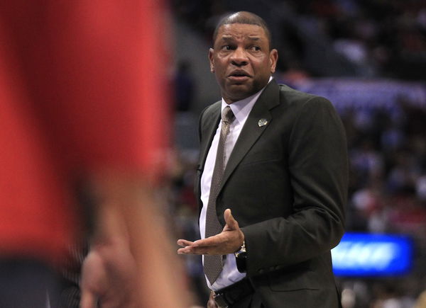 LOS ANGELES, CA &#8211; APRIL 3, 2014:  Los Angeles Clippers coach Doc Rivers questions a call during NBA